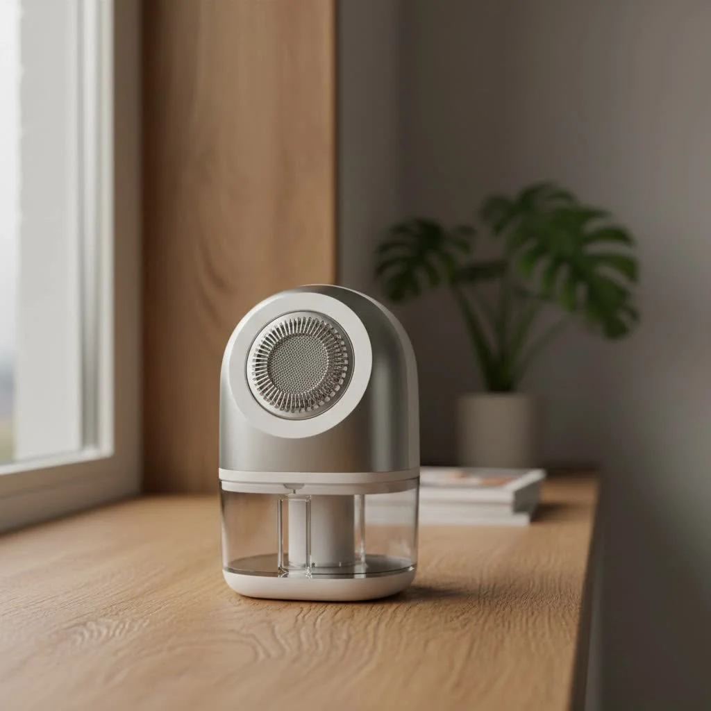 Rechargeable fabric shaver removing lint from a sweater